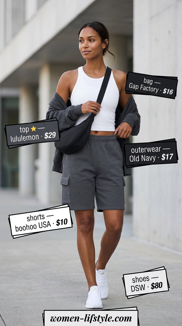 Comfortable charcoal grey knit cargo shorts with white crop top and hoodie 2026.