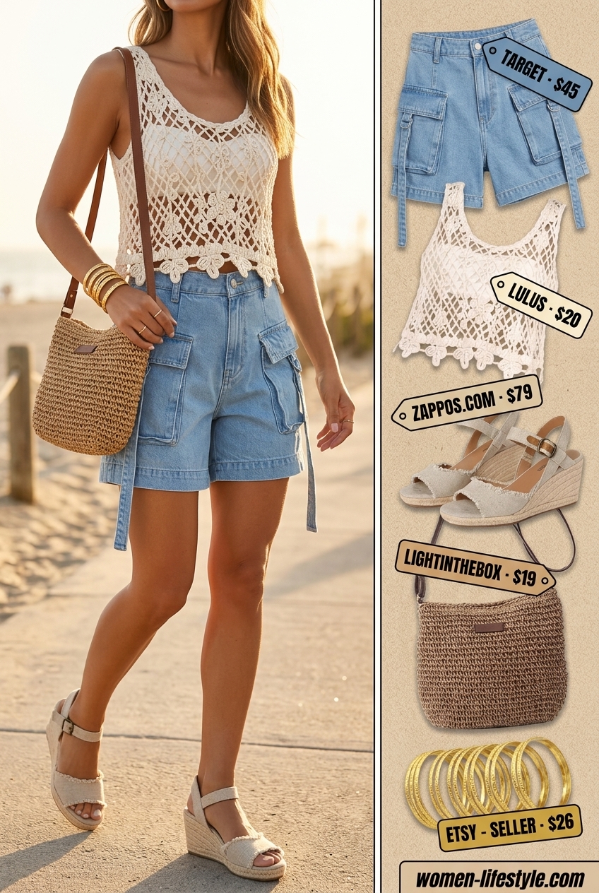 Coastal light blue denim cargo shorts with cream crochet top for beachside lunch 2026.