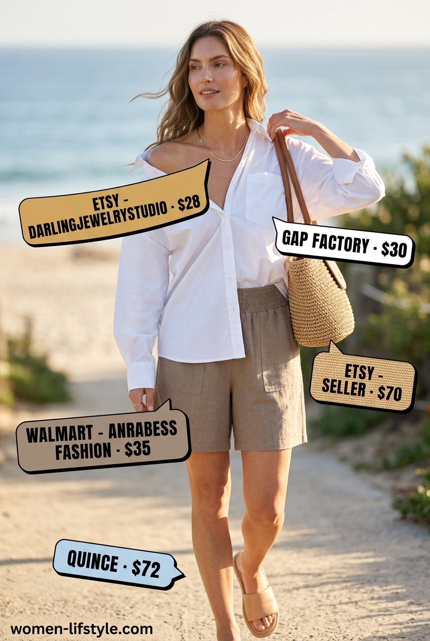 Coastal linen outfit with high-waisted shorts, oversized white shirt, and straw tote. What to wear with cargo shorts summer 2026.