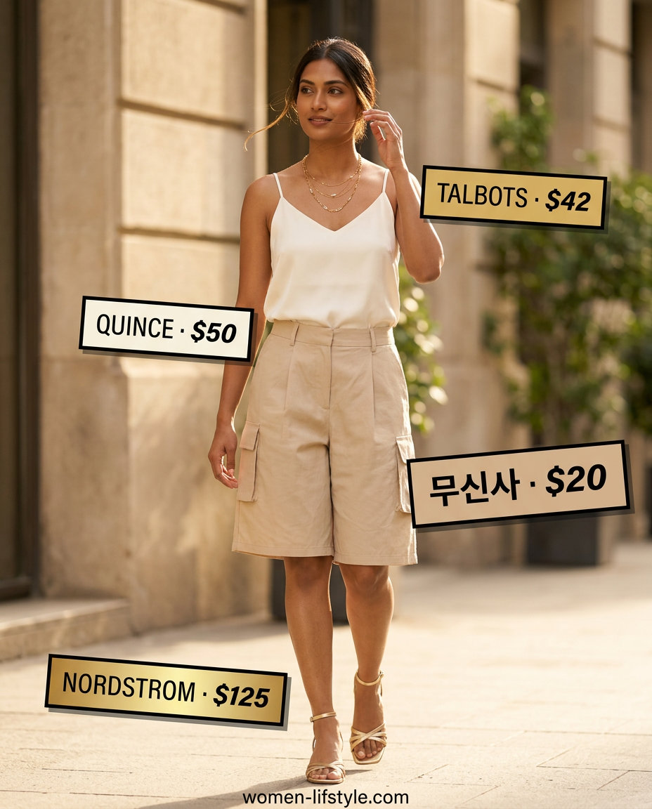 Elegant beige tailored cargo shorts with ivory satin cami for summer evening 2026.