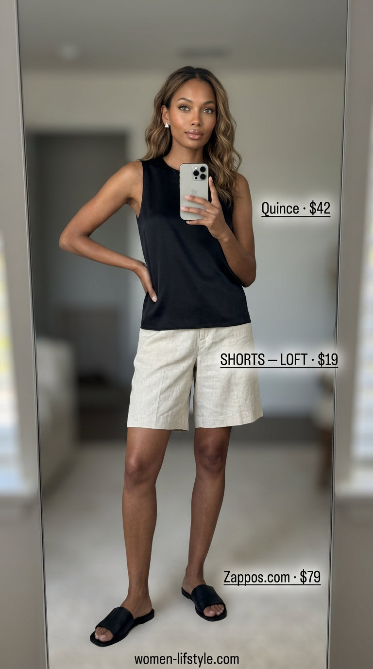 What to Wear with Cargo Shorts Summer 2026: Beige tailored shorts, black silk tank, and minimalist slides for a chic, smart casual look.