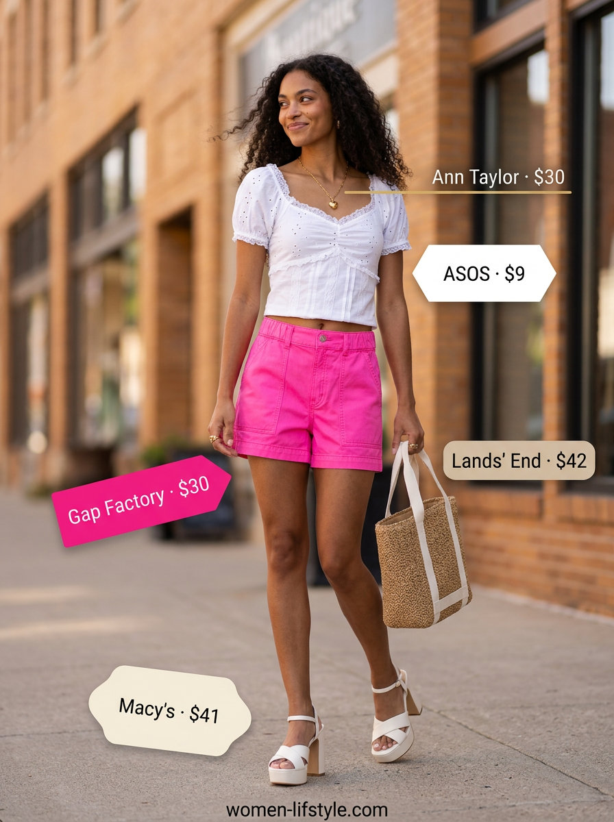 Playful hot pink denim cargo shorts with white eyelet crop top for summer lunch 2026.