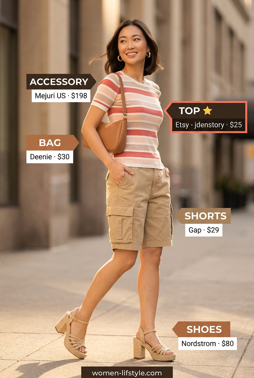 Retro cargo shorts outfit with striped knit top, chunky earrings, and platform sandals. What to wear with cargo shorts summer 2026.