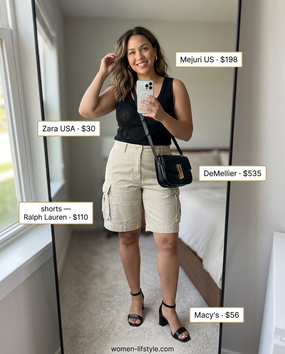 What to Wear with Cargo Shorts Summer 2026: Khaki cargo shorts, black knit top, and block heel sandals for a sophisticated utility look.