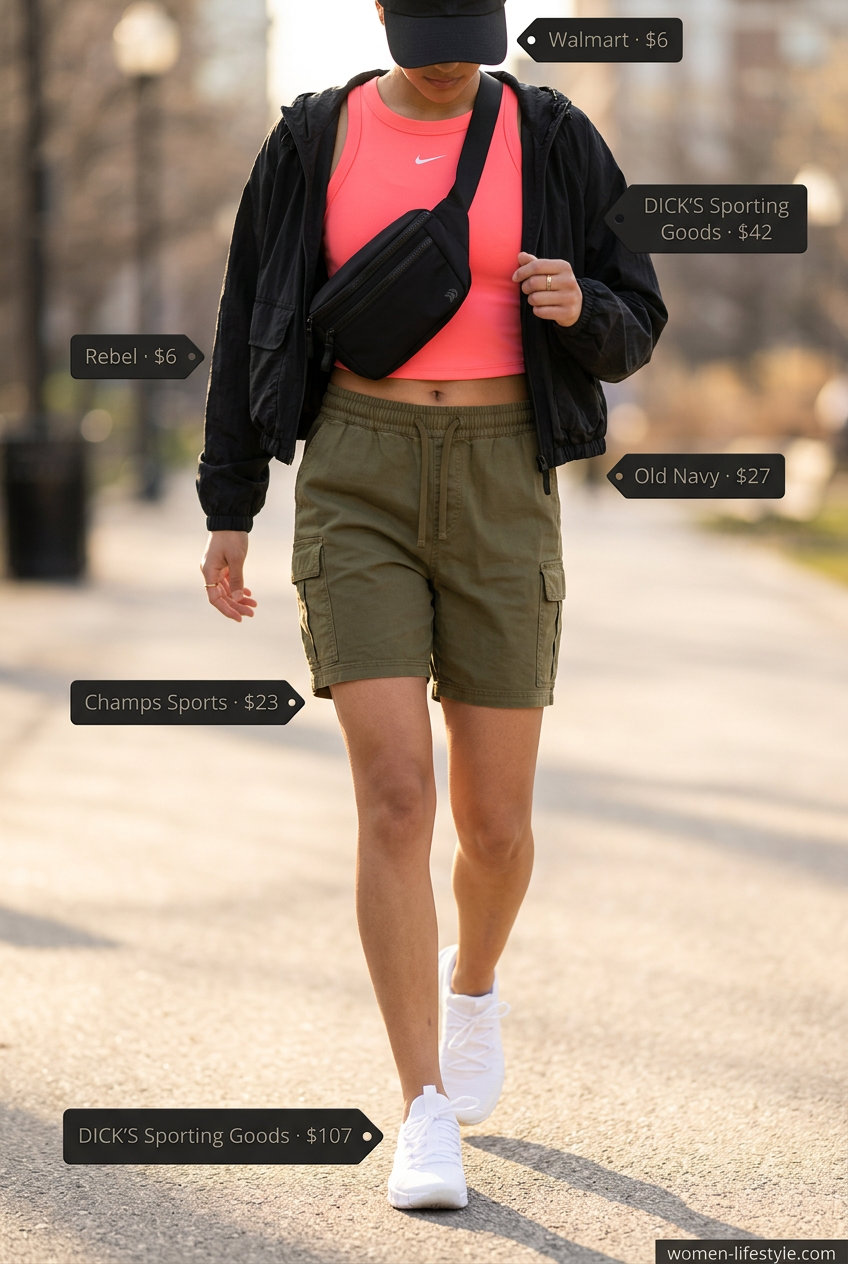 Sporty cargo shorts outfit with athletic crop top and windbreaker. What to wear with cargo shorts summer 2026.