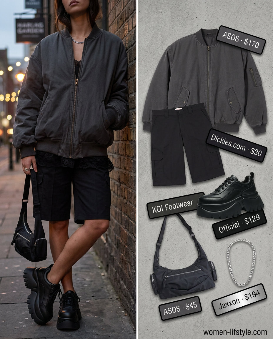Street style cargo shorts outfit with bomber jacket, graphic tee, and chunky sneakers. What to wear with cargo shorts summer 2026.