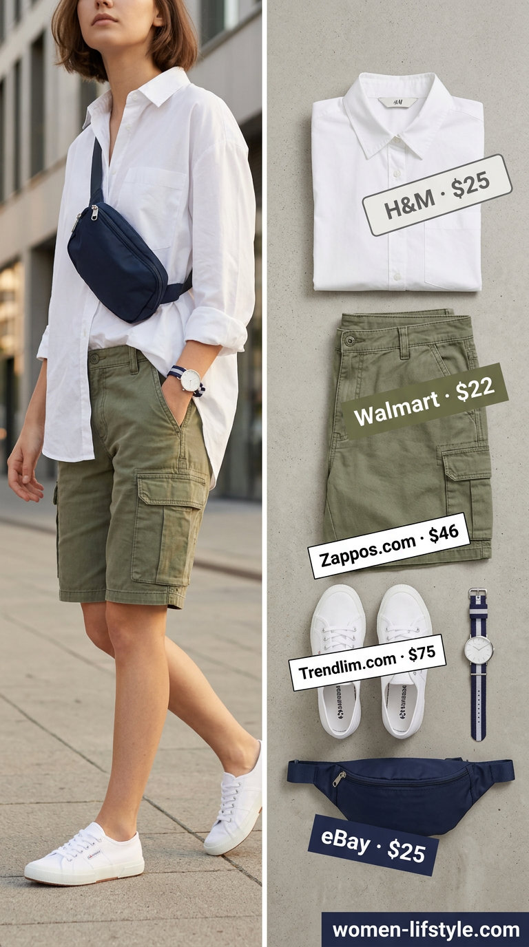 What to Wear with Cargo Shorts Summer 2026: Khaki cargo shorts, oversized white shirt, and canvas sneakers for a casual day out.