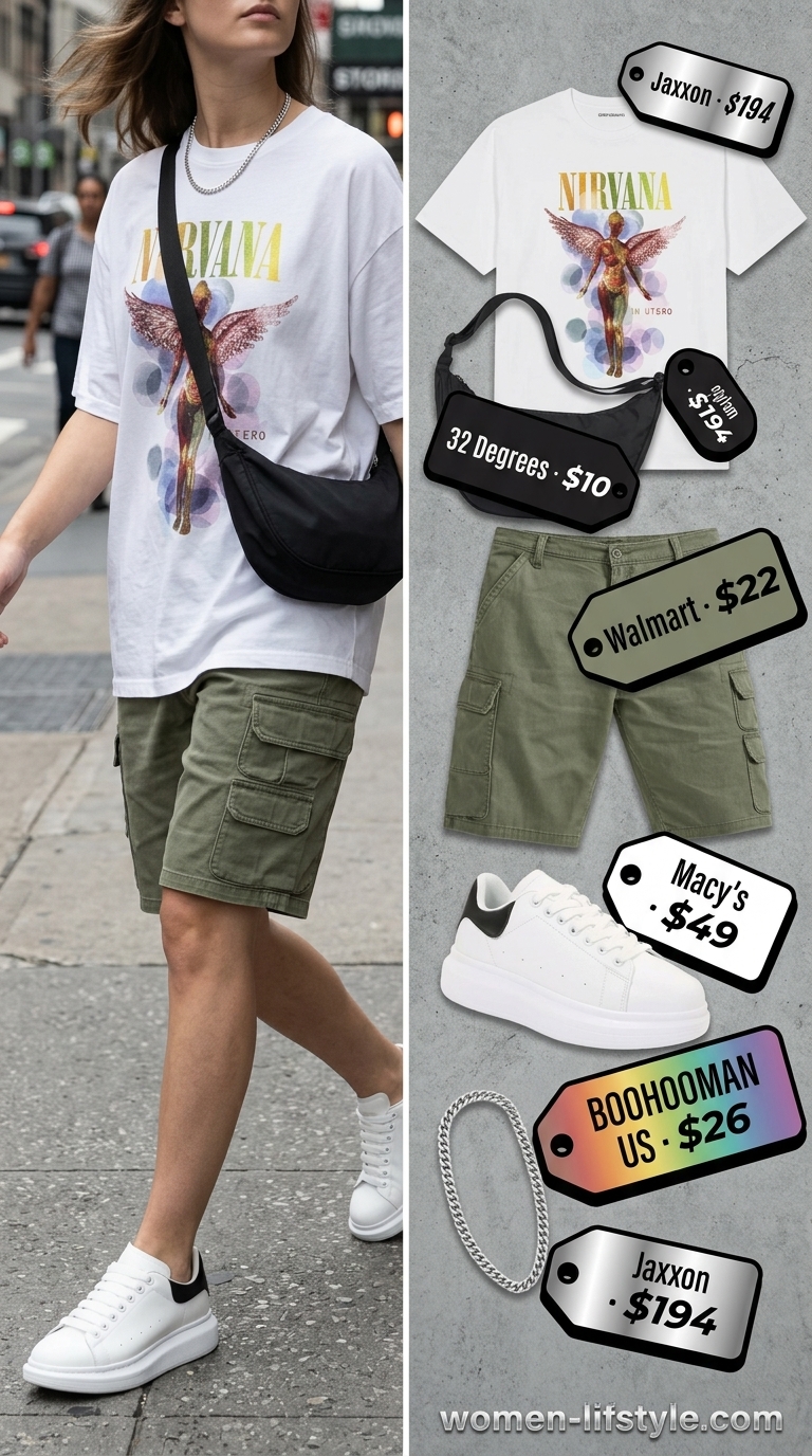 What to Wear with Cargo Shorts Summer 2026: Khaki cargo shorts, oversized graphic tee, and chunky sneakers for an urban explorer look.