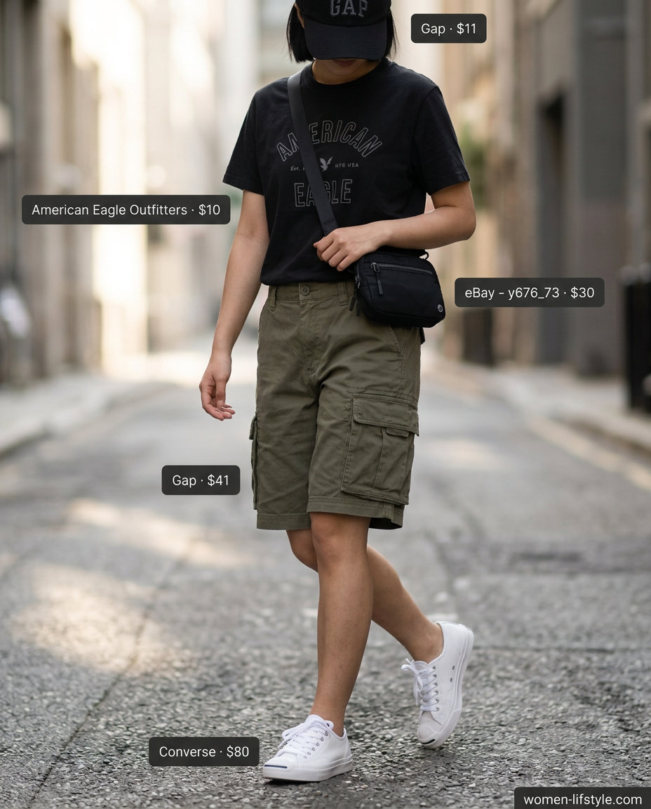 Urban cargo shorts outfit with graphic tee, sneakers, and crossbody bag. What to wear with cargo shorts summer 2026.
