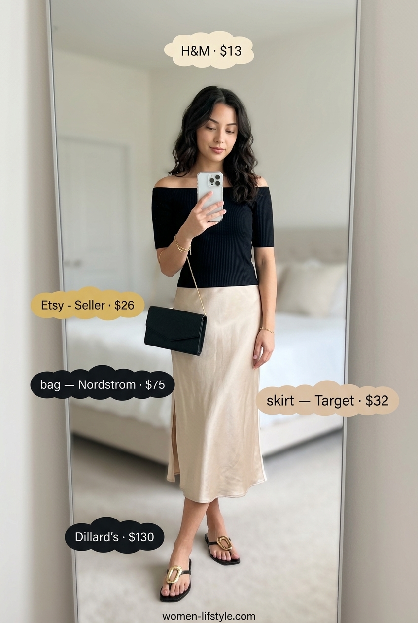 Elegant cream satin midi skirt, black off-shoulder top, and dressy black flip-flops for al fresco dining. What to wear with flip flops summer 2026.