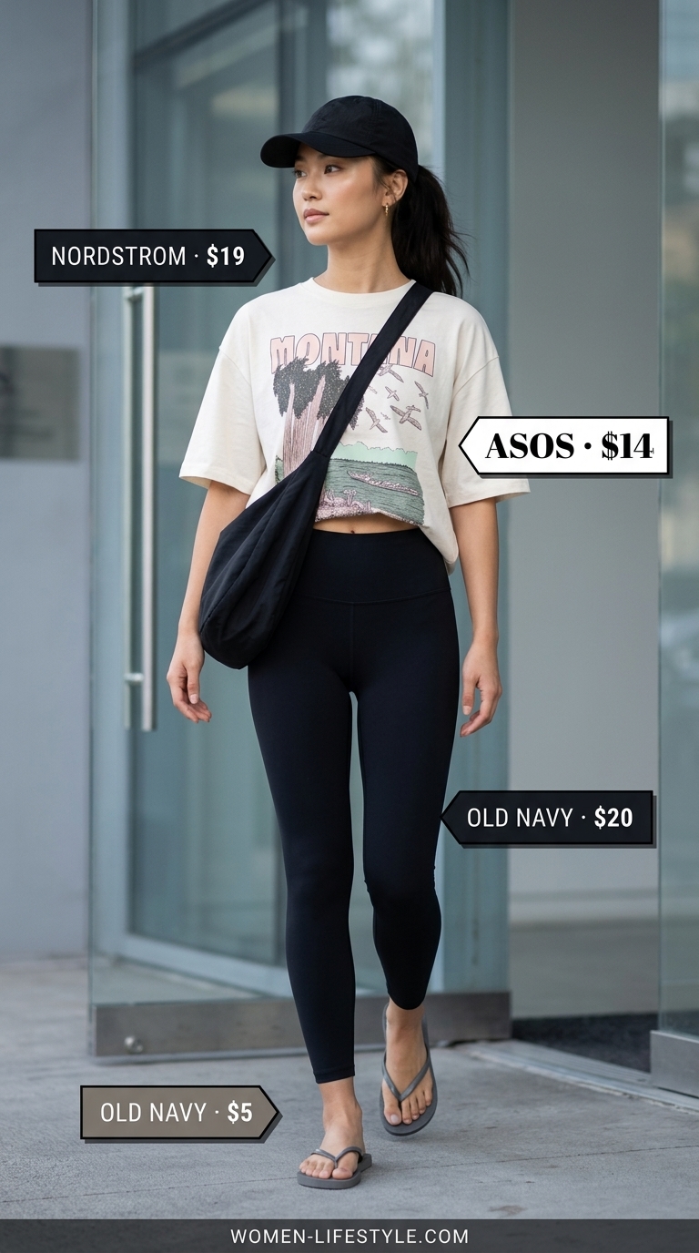Athleisure outfit: graphic tee, black leggings, grey flip flops, crossbody bag. What to wear with flip flops summer 2026.