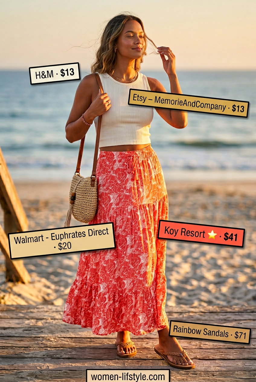 Bohemian sunset beach walk outfit: coral maxi skirt, cream tank, and braided flip-flops. What to wear with flip flops summer 2026.