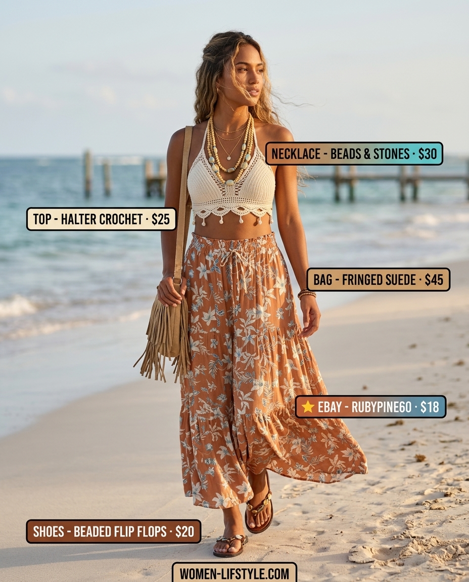 Boho beach outfit: crochet top, tiered skirt, embellished flip flops, fringe bag. What to wear with flip flops summer 2026.