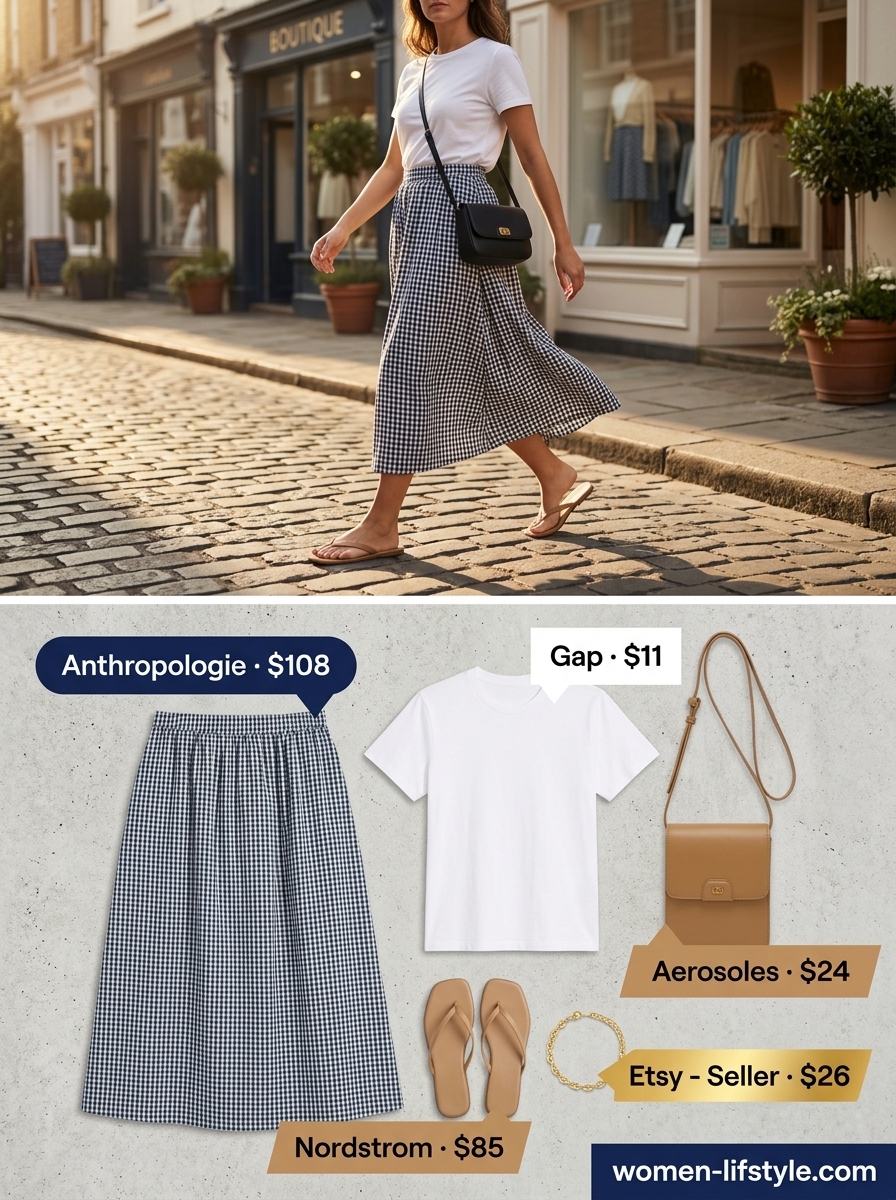 Chic brunch outfit: white tee, gingham midi skirt, tan flip flops, crossbody bag. What to wear with flip flops summer 2026.