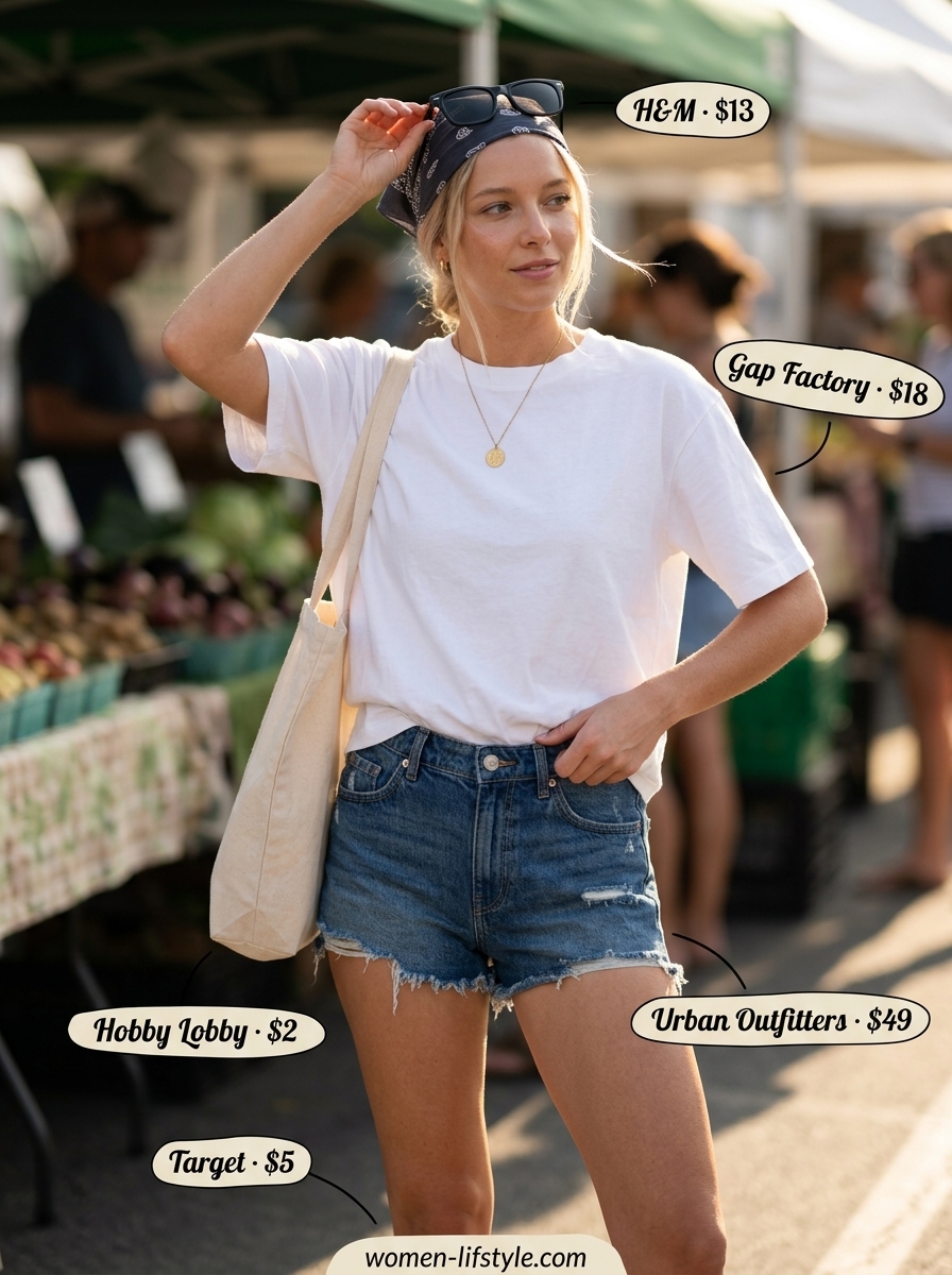 Casual cool outfit: white tee, denim shorts, black flip flops, canvas tote. What to wear with flip flops summer 2026.