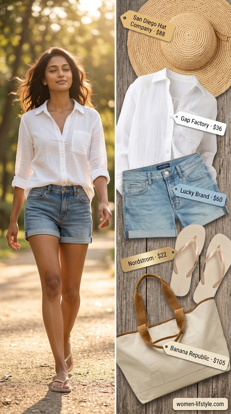 Denim shorts, white oversized shirt, and tan flip flops for a coastal breeze look. What to wear with flip flops summer 2026.