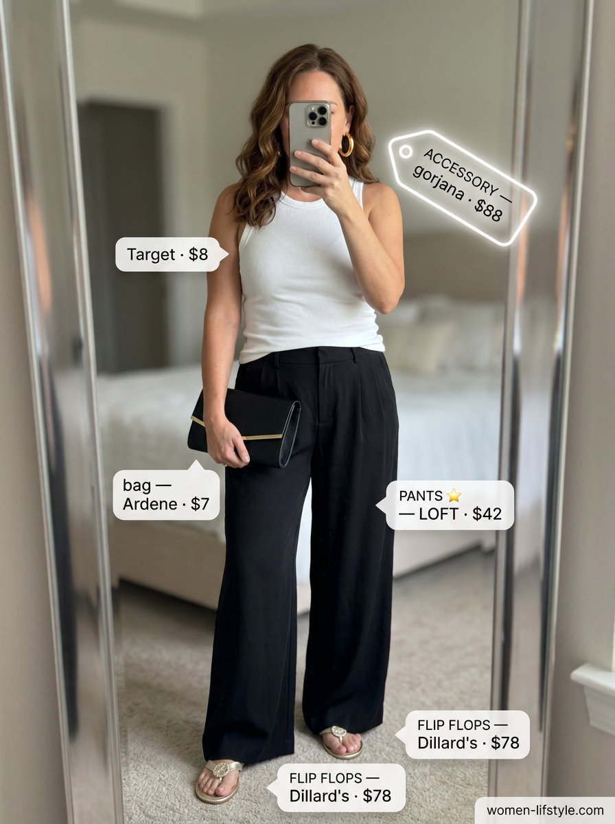 Casual cruise evening outfit with white ribbed top, black wide-leg pants, and elegant gold flip-flops. What to wear with flip flops summer 2026.