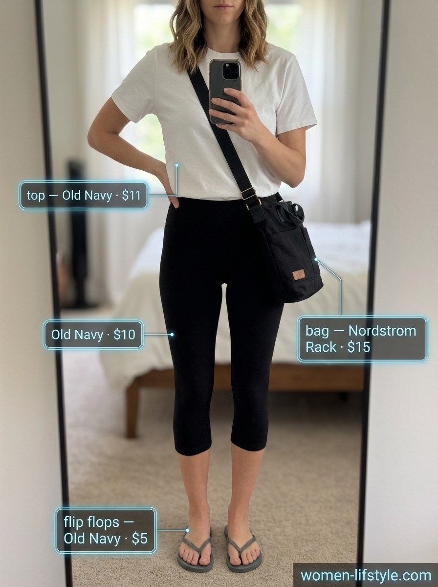 Grey flip flops, black leggings, and white t-shirt for casual errands. What to wear with flip flops summer 2026.