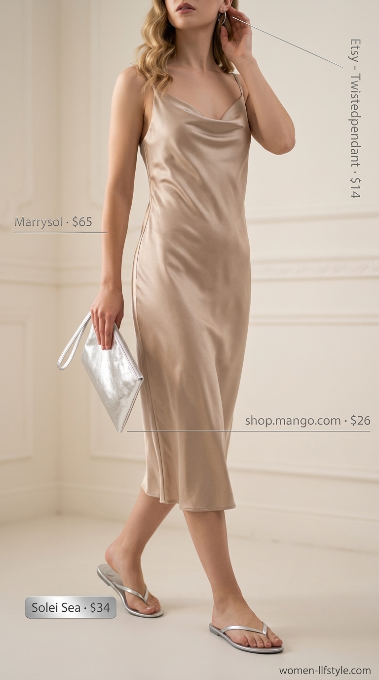 Elegant champagne slip dress with silver metallic flip-flops for a summer evening event. What to wear with flip flops summer 2026.