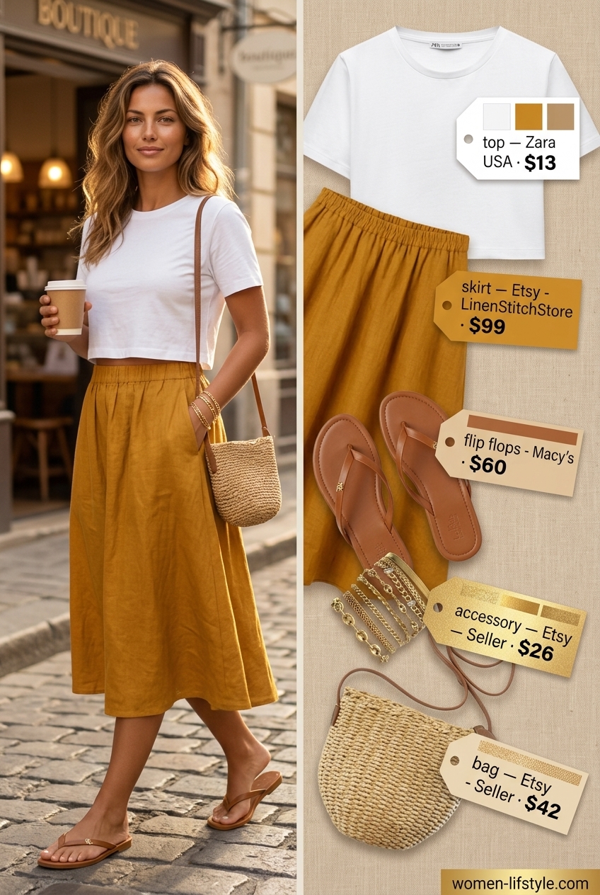 Mustard yellow midi skirt, white crop top, and tan flip flops for summer evening strolls. What to wear with flip flops summer 2026.