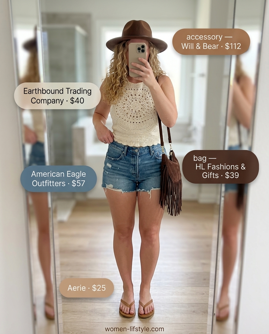 Festival ready outfit: cream crochet top, distressed denim shorts, brown hat & fringe bag. What to wear with flip flops summer 2026.