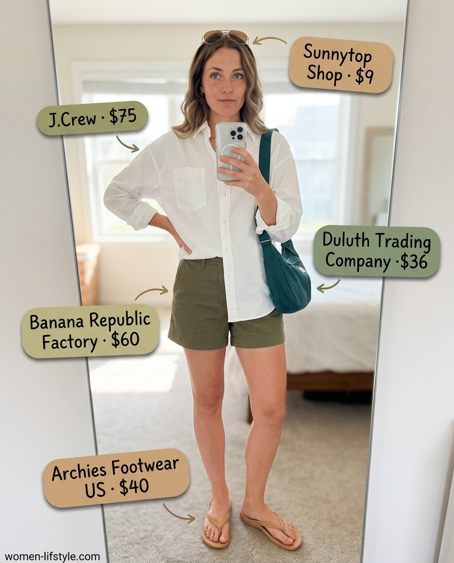 Relaxed getaway outfit: white button-down, olive shorts, tan flip flops, crossbody bag. What to wear with flip flops summer 2026.