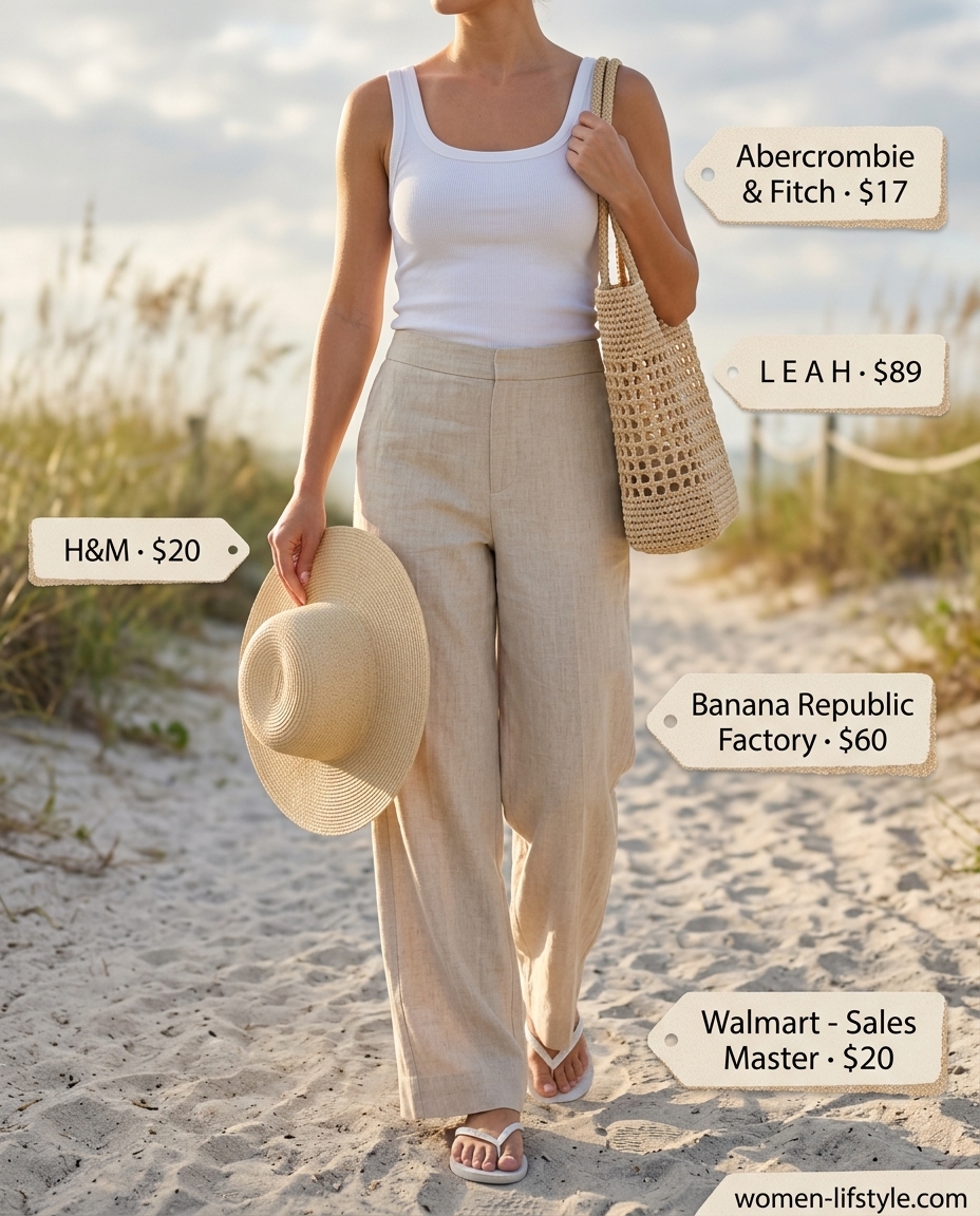 Linen pants, ribbed tank, and white flip flops for a coastal look. What to wear with flip flops summer 2026.