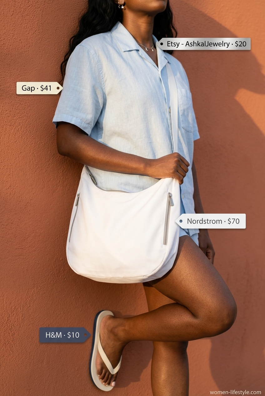 Comfortable casual outfit: light blue linen set, white crossbody, and classic white flip-flops. What to wear with flip flops summer 2026.