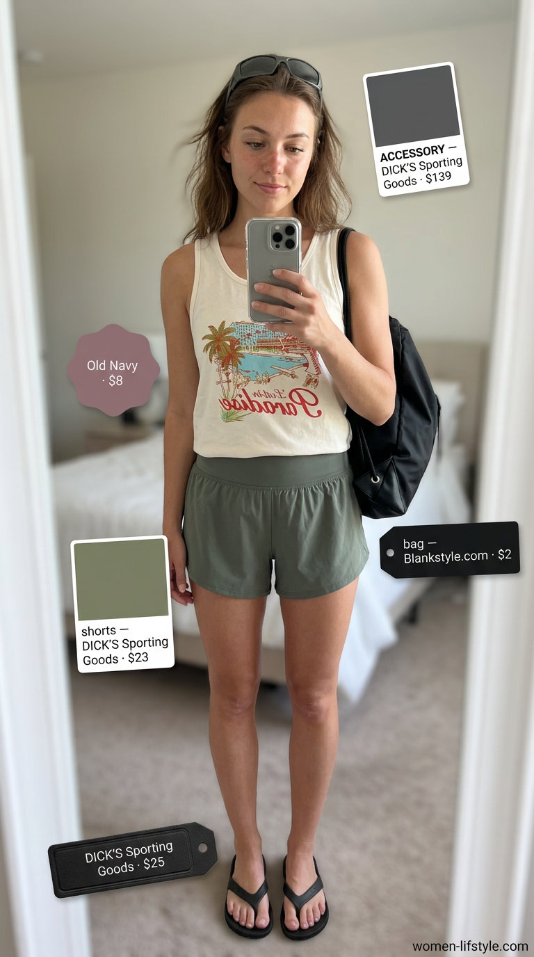 Sporty picnic outfit: graphic tank, olive shorts, black flip flops, backpack. What to wear with flip flops summer 2026.