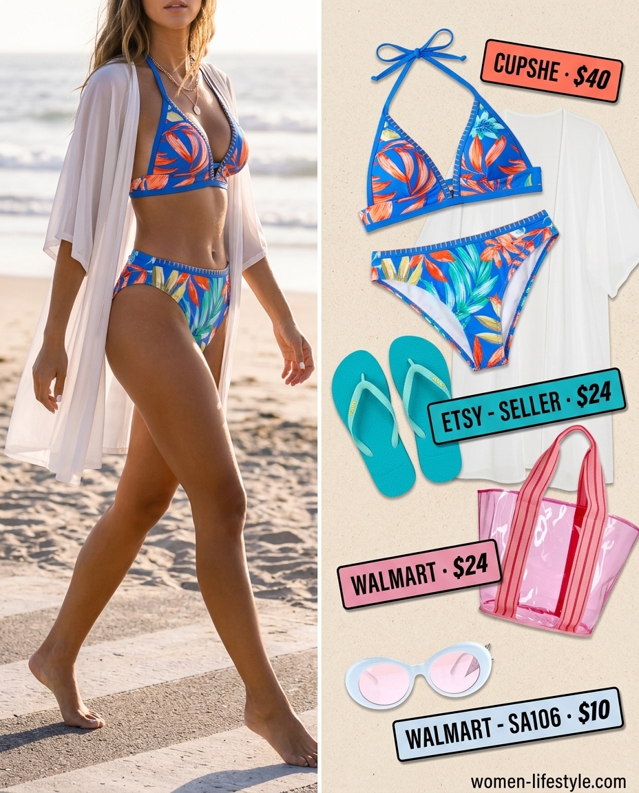 Playful poolside outfit: coral & teal bikini, mesh cover-up, and bright rubber flip-flops. What to wear with flip flops summer 2026.