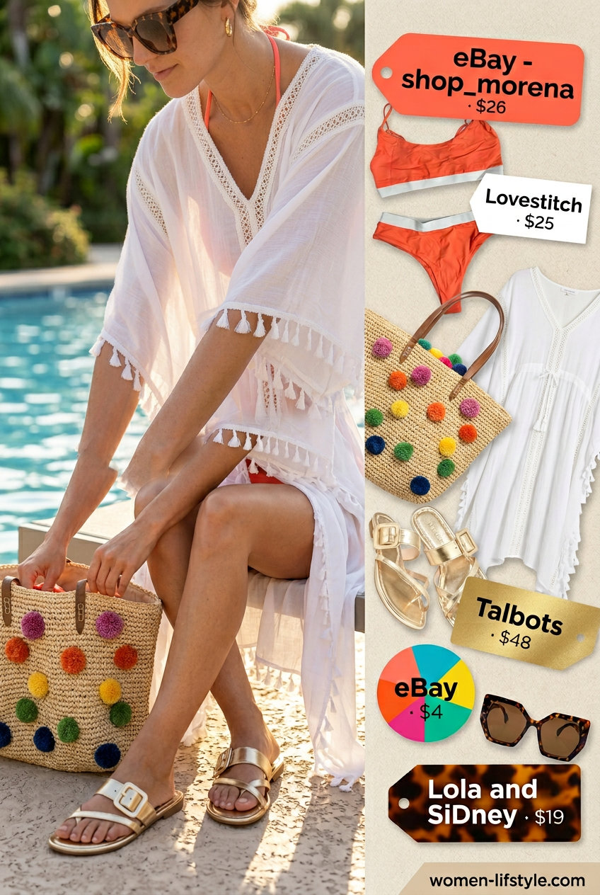Coral bikini, white kaftan, and gold slides for poolside chic. What to wear with flip flops summer 2026.