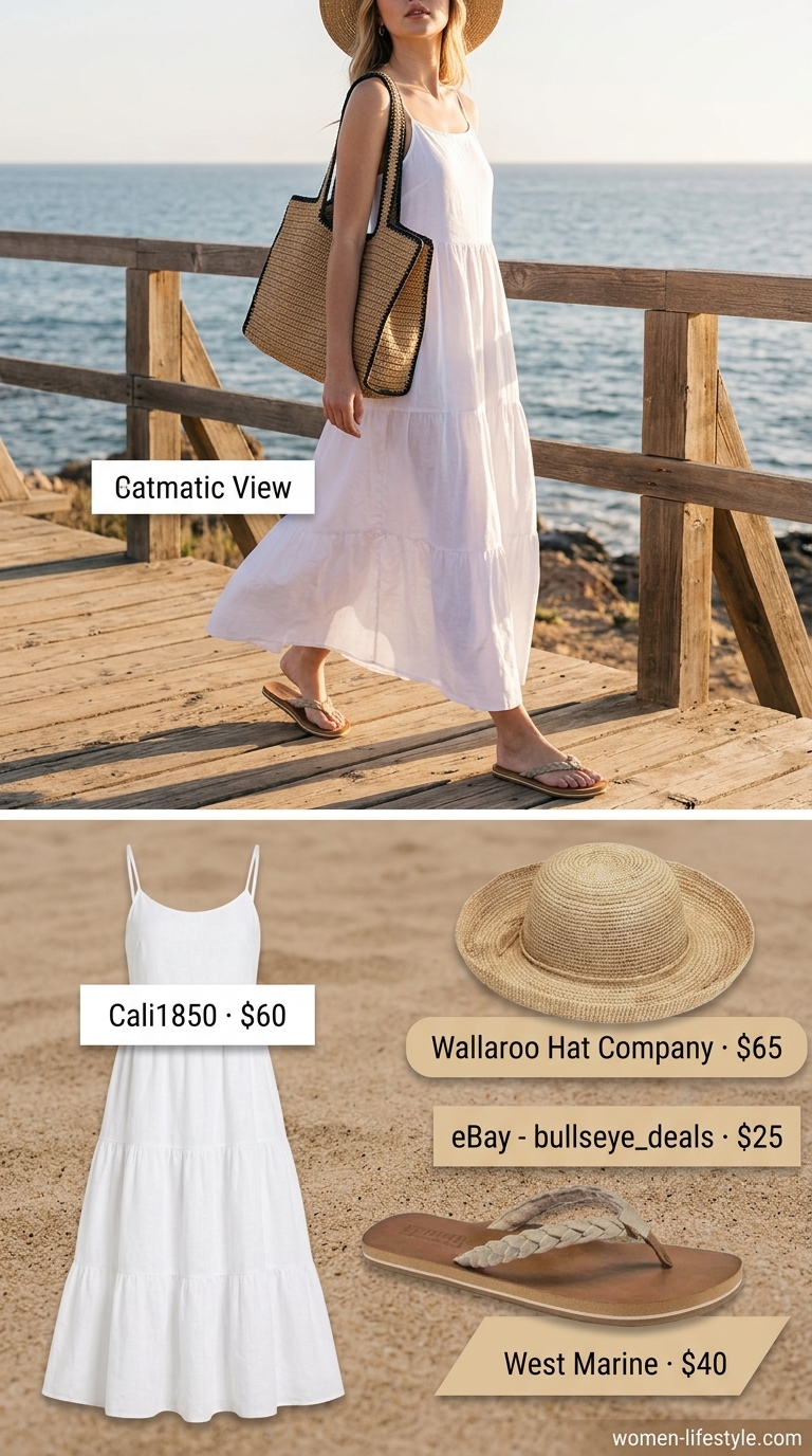 Beach resort outfit: linen maxi dress, straw hat, straw tote, beige flip flops. What to wear with flip flops summer 2026.