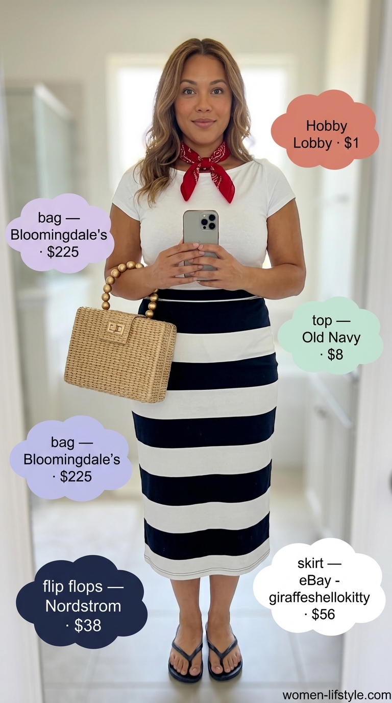 Striped midi skirt, white tee, and navy flip flops for a sunset cruise. What to wear with flip flops summer 2026.