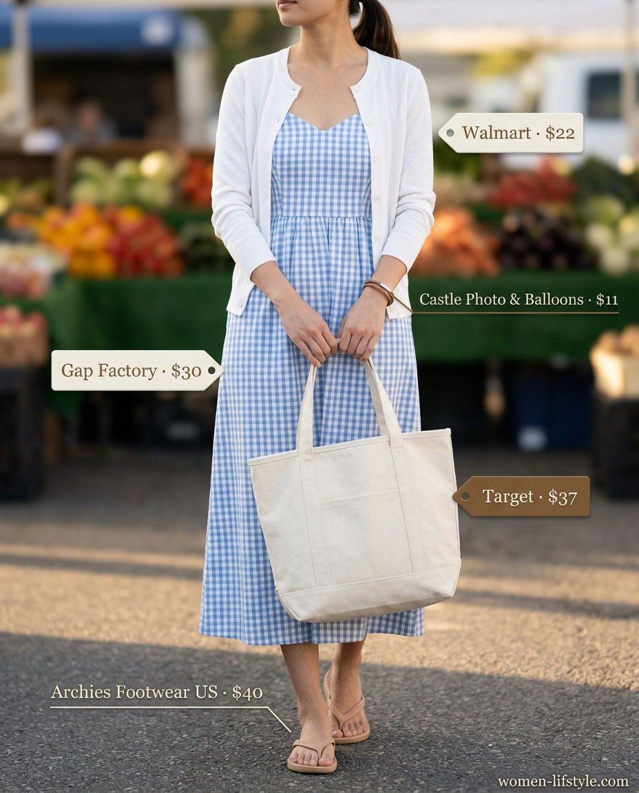 Light blue gingham sundress, white cardigan, and tan flip flops for farmer's market. What to wear with flip flops summer 2026.
