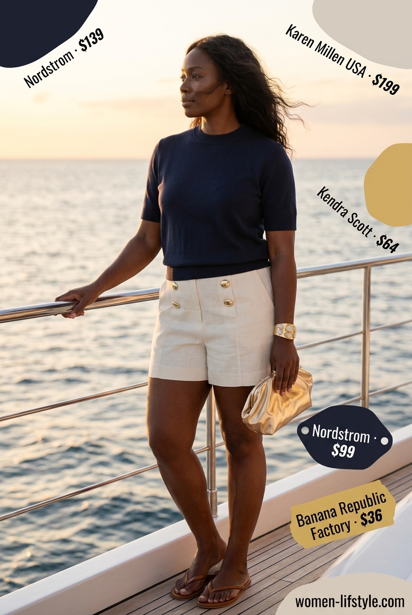 Elegant evening outfit: linen shorts, knit sweater, tan flip flops, gold clutch. What to wear with flip flops summer 2026.