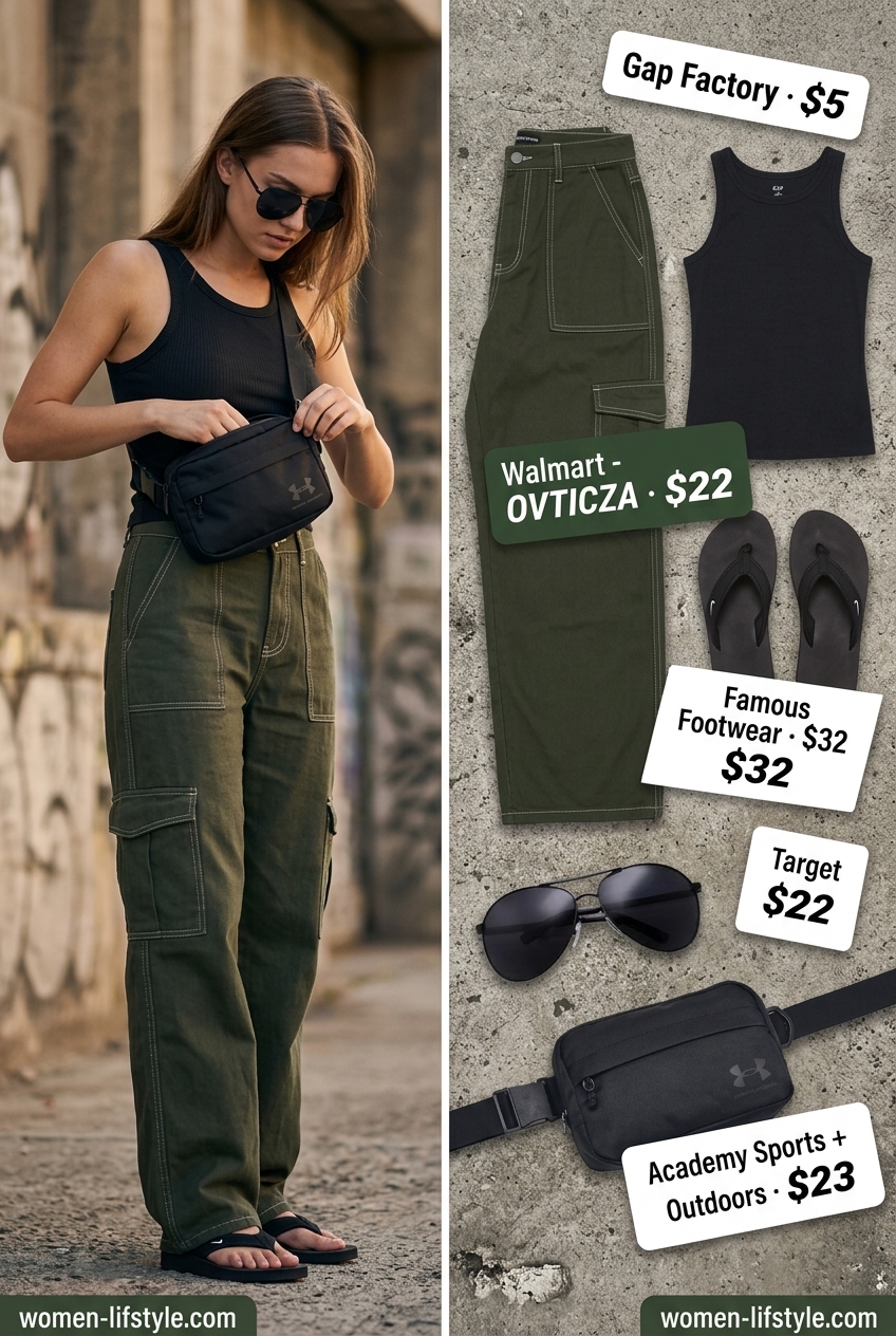 Edgy urban outfit: black tank, olive cargo pants, black flip flops, belt bag. What to wear with flip flops summer 2026.