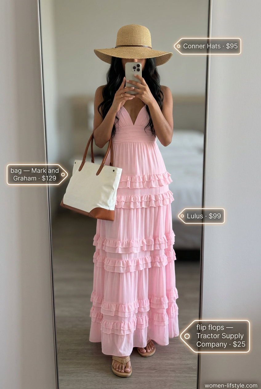 Flowy maxi dress, straw hat, and tan flip flops for vacation comfort. What to wear with flip flops summer 2026.