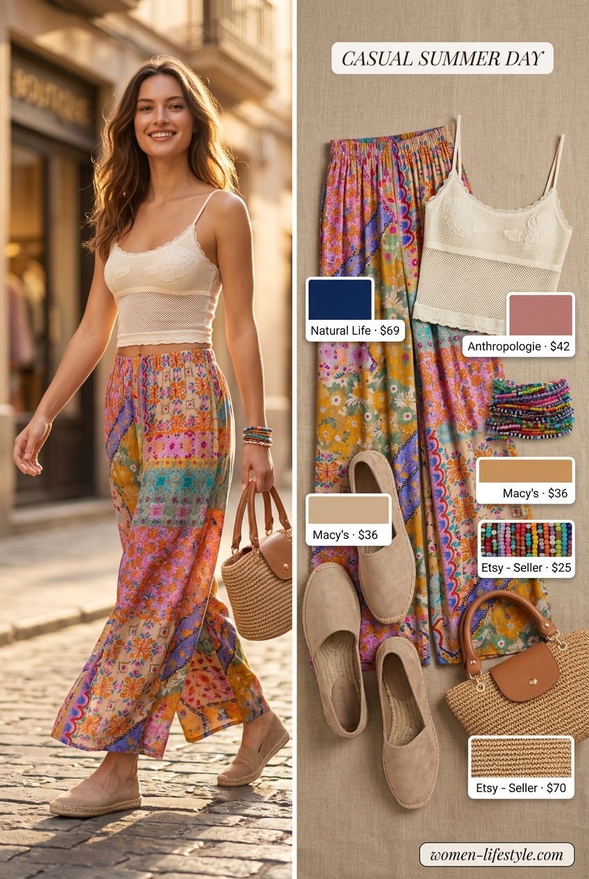 Boho summer outfit: floral palazzo pants, crochet top, straw tote, espadrilles. What to wear with palazzo pants summer 2026.