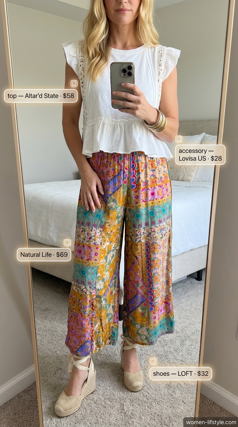 Boho summer palazzo outfit: floral pants, crochet top, suede hobo, espadrilles. What to wear with palazzo pants summer 2026.
