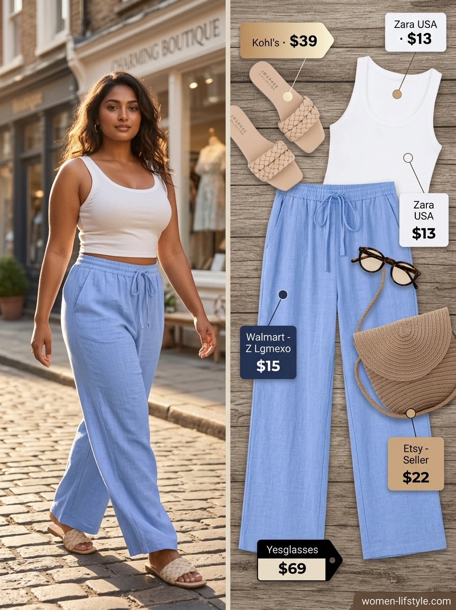 Coastal vacation outfit: sky blue palazzo pants, white tank, straw bag, slide sandals. What to wear with palazzo pants summer 2026.