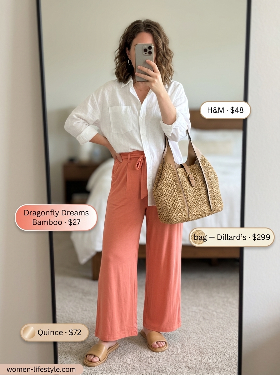 Coral sunset outfit: coral palazzo pants, white linen shirt, straw tote, flat sandals. What to wear with palazzo pants summer 2026.