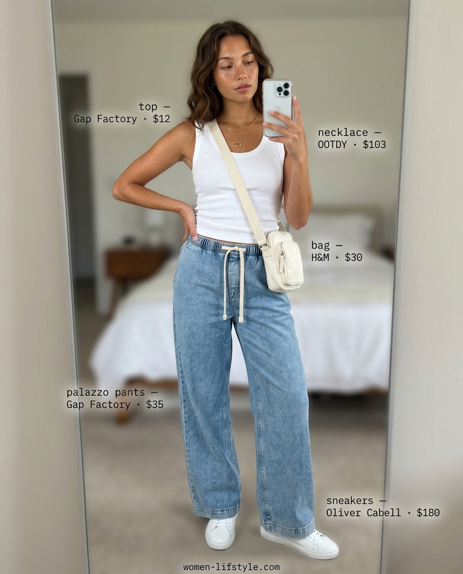 Denim palazzo pants outfit for summer 2026 casual day out: light wash denim pants, white tank, white sneakers, canvas crossbody.