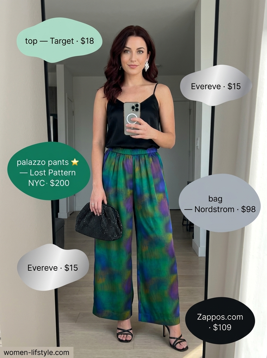 Emerald city outfit: green palazzo pants, black camisole, strappy heels, statement earrings. What to wear with palazzo pants summer 2026.