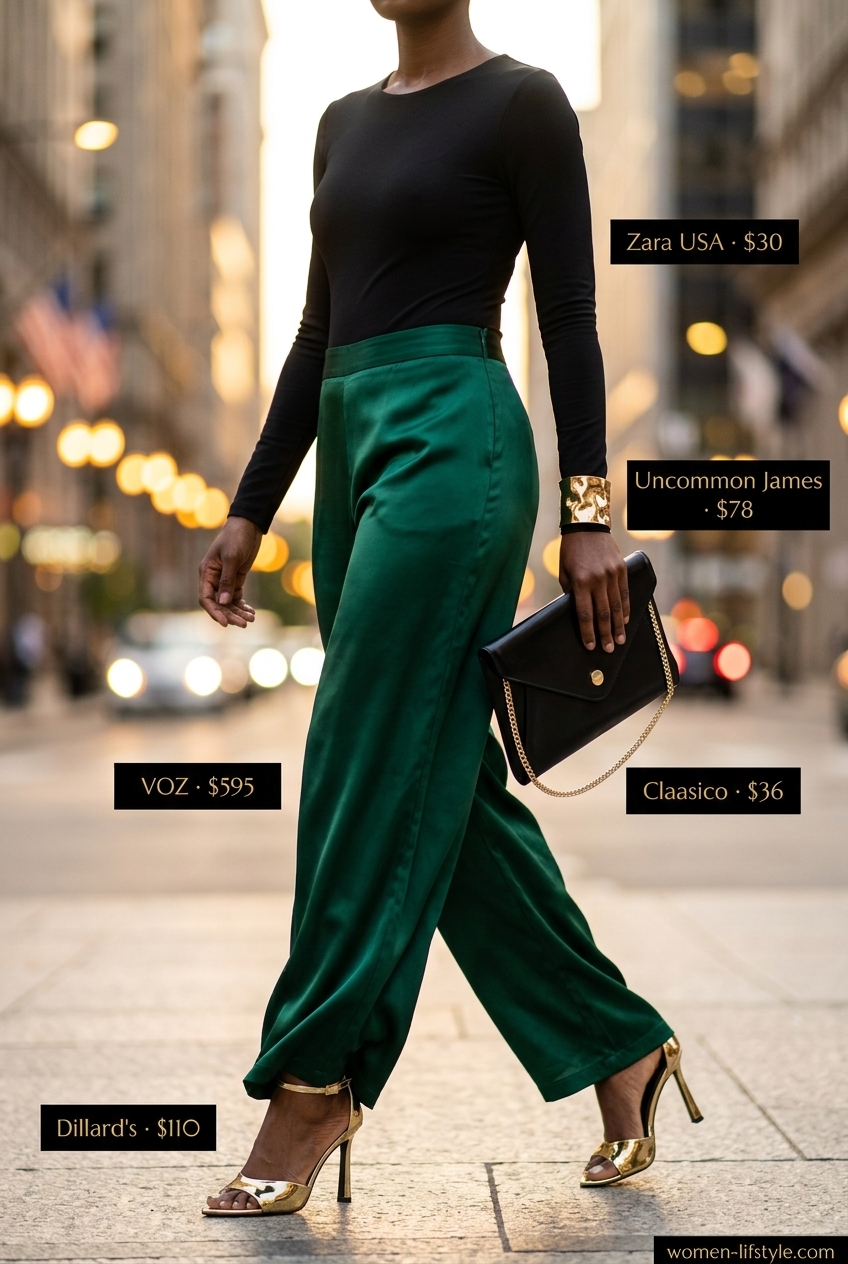Emerald green luxe outfit: jewel tone palazzo pants, black bodysuit, gold sandals. What to wear with palazzo pants summer 2026.