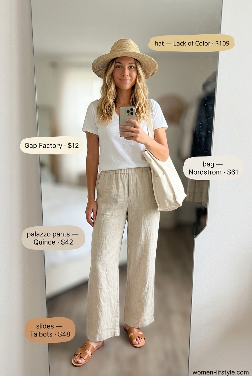Linen lounge palazzo pants outfit for summer 2026 errands: light beige linen pants, white tee, straw fedora, canvas tote.