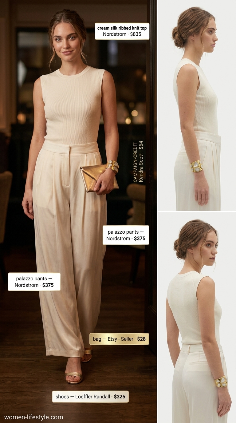 Monochrome power outfit: cream palazzo pants, fitted knit top, metallic sandals. What to wear with palazzo pants summer 2026.