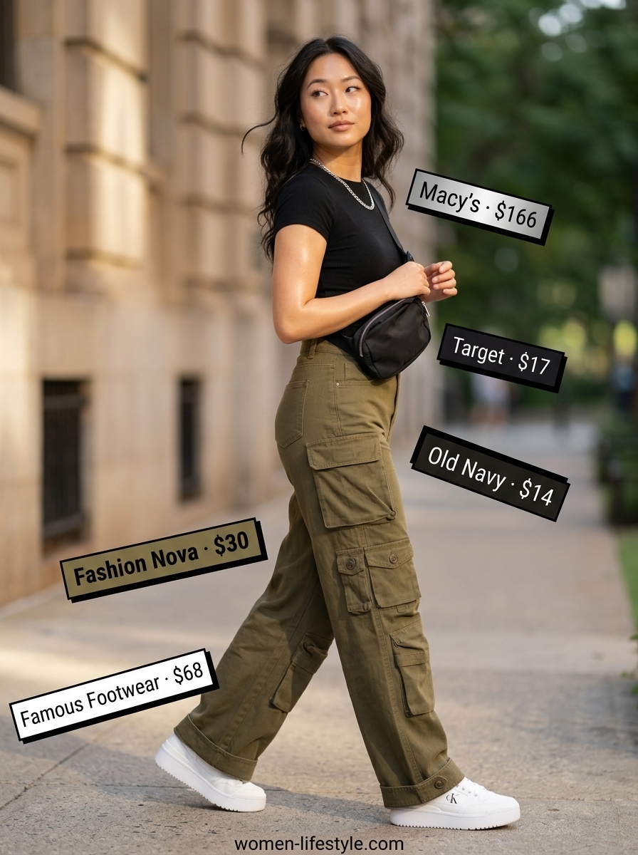 Olive cargo palazzo pants outfit for summer 2026 street style: olive pants, black tee, platform sneakers, utility belt bag.
