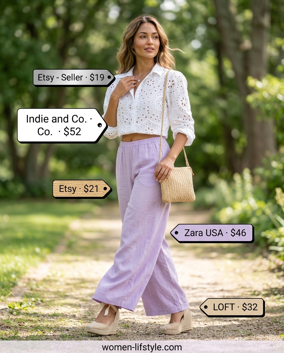 Pastel dream outfit: lavender palazzo pants, eyelet blouse, espadrille wedges. What to wear with palazzo pants summer 2026.