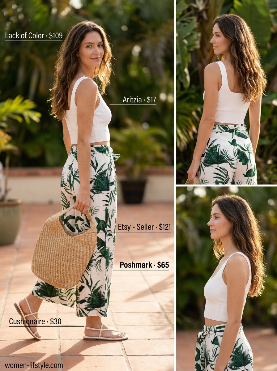 Tropical green palm print palazzo pants outfit for vacation, with white crop top, flat sandals, and straw hat. What to Wear with Palazzo Pants Summer 2026.