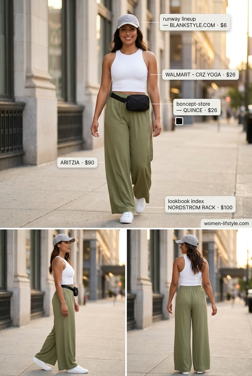 Sporty summer palazzo pants outfit for 2026 casual errands: olive green pants, white crop top, grey cap, white sneakers.